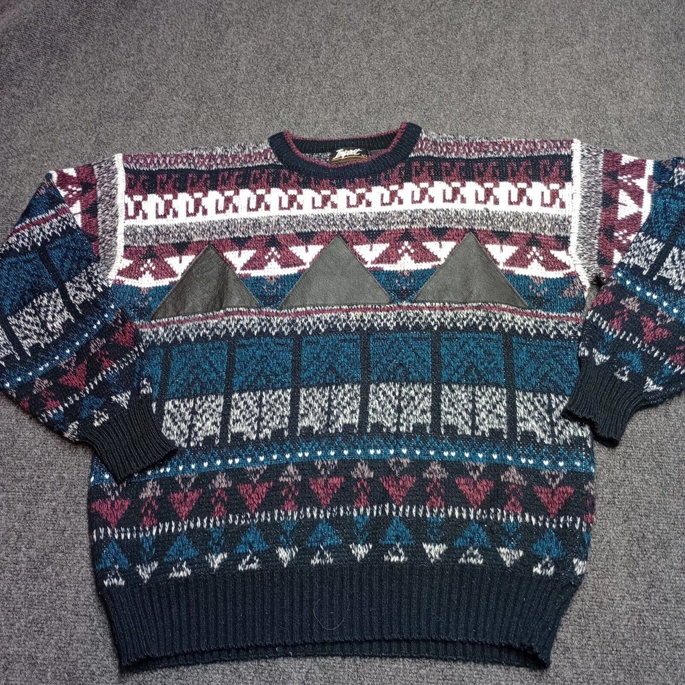 Vintage Impact Sweater Men Large Fair Isle with Leather Patches Crew Neck Knit